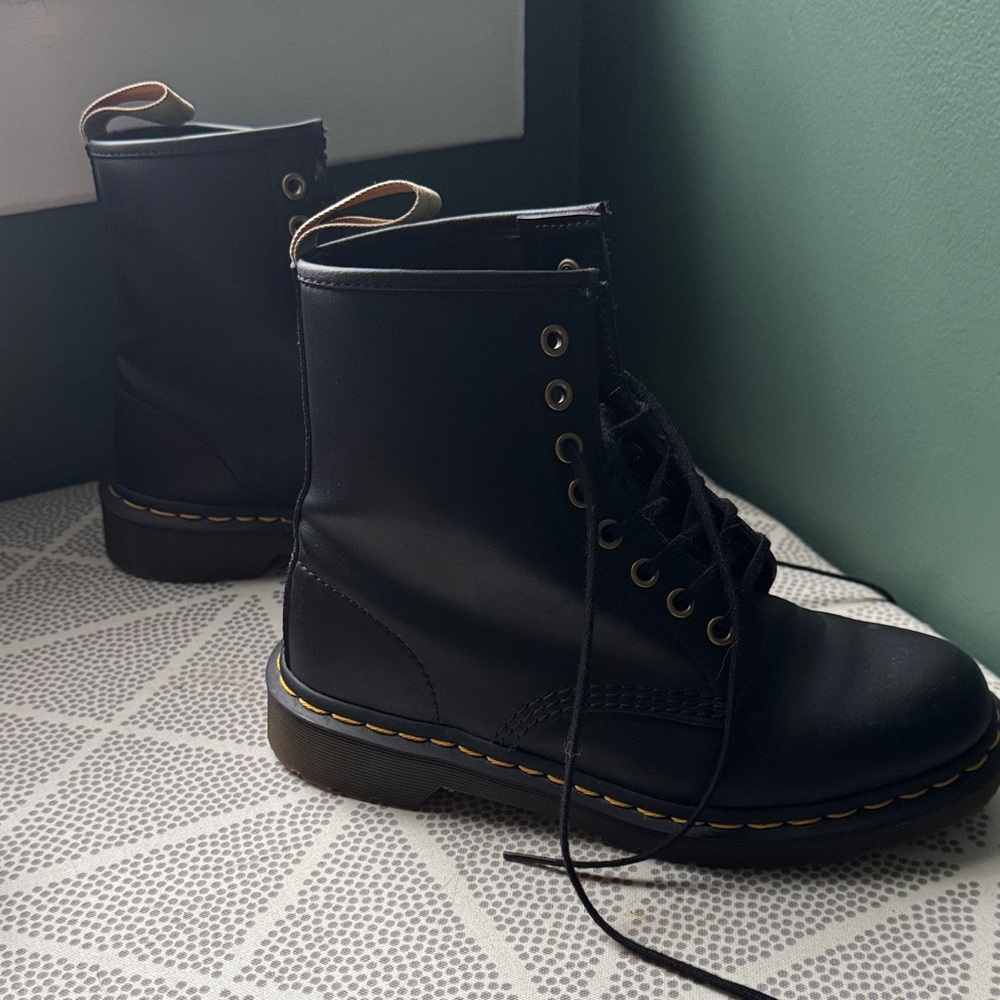 Vegan Black Leather Dr Marten Lace-Up Boots with Yellow Stitching